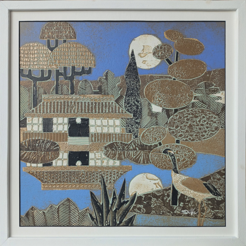 36x36cm. REFLET DE LUNE Laiton et bleu